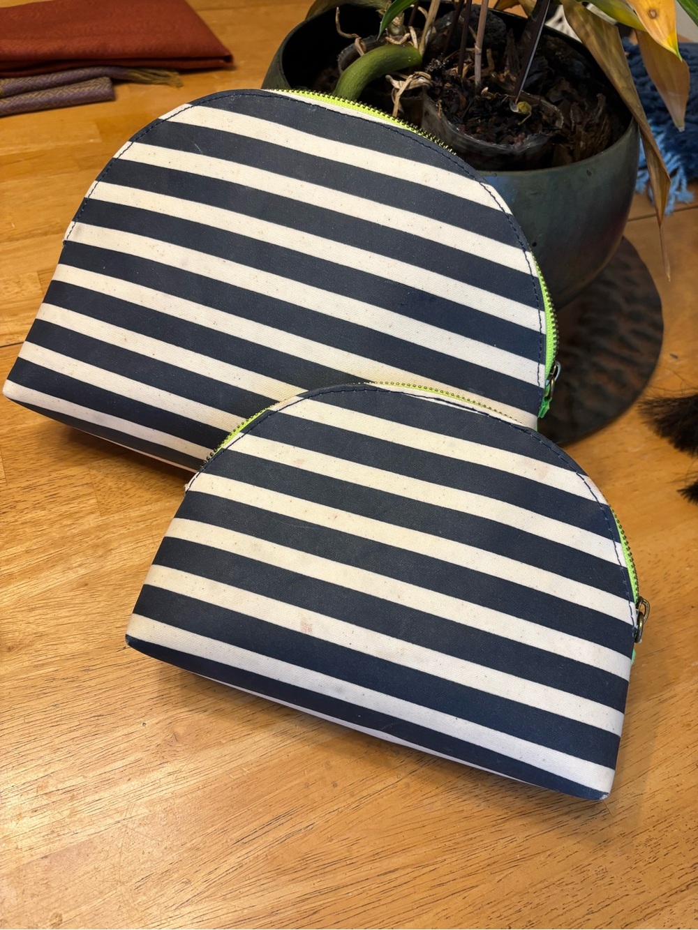 J. Crew Striped Makeup Bags with Lime Zipper